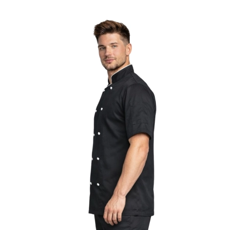 Bluza kucharska czarna krótki rękaw lamówka biała roz.XXL – bluza kucharska – odzież gastronomiczna dla kucharzy - inne ujęcie